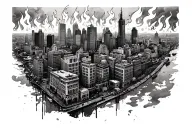 burning city view tattoo design idea