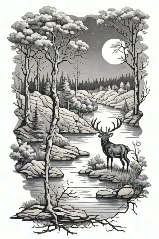 scenic lazy river, trees background, full moon, stag, knight, hawk tattoo design idea