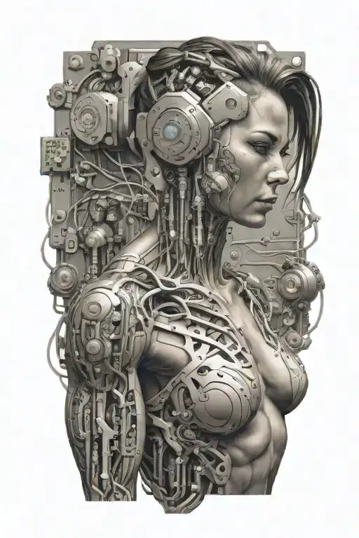 bodybuilder muscular women with technology circuits merging tattoo design idea