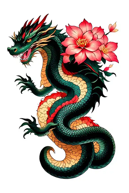 Tattoo with a dragon and a snake with Japanese -style cherry flowers covering the entire arm and forearm tattoo design idea