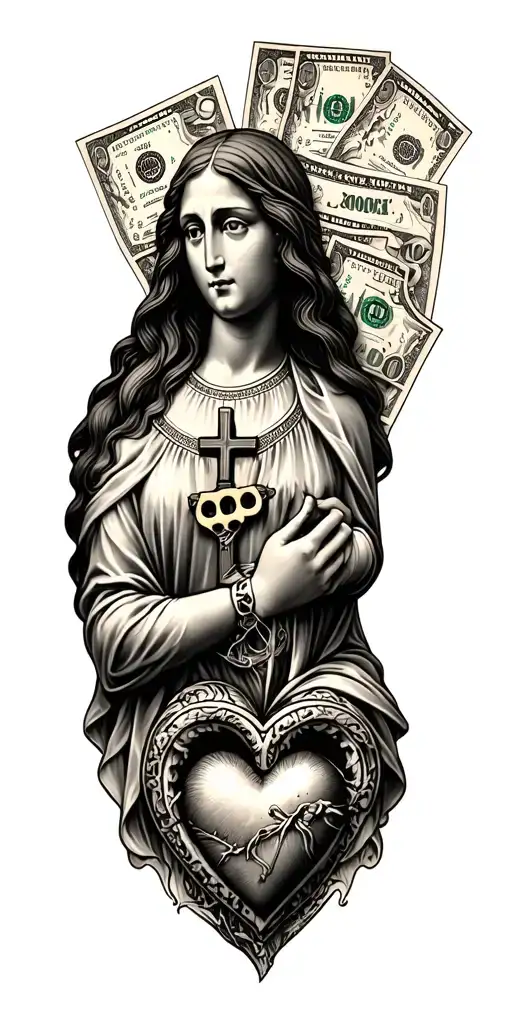 Mother of God, dollars, cross, brass knuckles, inscription letter A in a small heart tattoo design idea