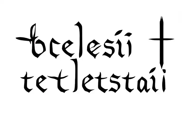 The Word "tetelestai" in biblical font. with the first T being a cross. No background. Just the word.  tattoo design idea