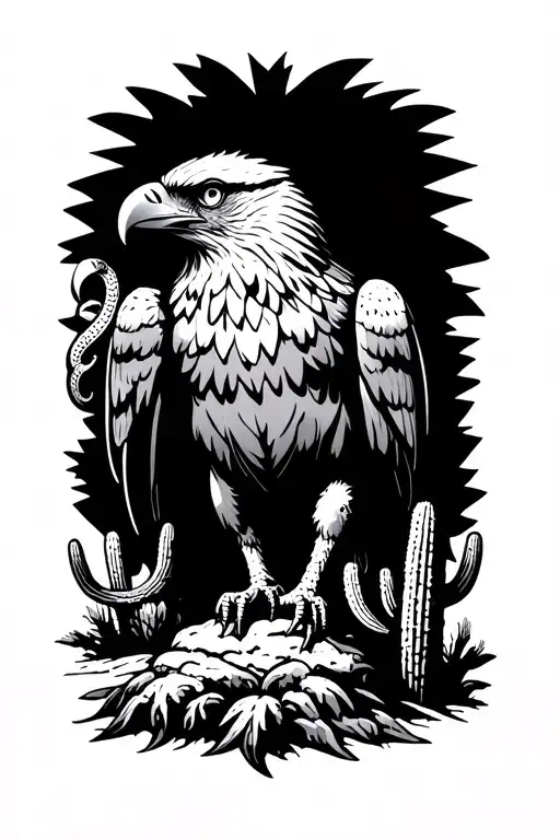 Mexican eagle standing on cacti with a snake in its beak tattoo design idea
