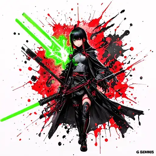 Dark Saber + Ann from Princess Principal with a cylinder and her neon -green aura, plus Asuka from Neon Genesis with a G tattoo design idea