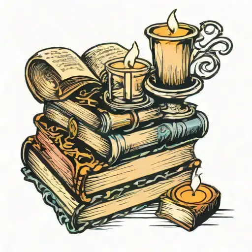 book stack candle burning tattoo design idea