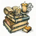 book stack candle burning tattoo design idea