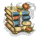 book stack candle burning tattoo design idea