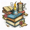 book stack candle burning tattoo design idea