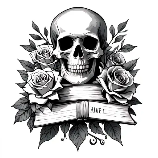J,L,W with roses,books and a skull  tattoo design idea