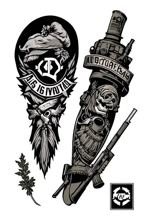 military style black and grey American traditional leg sleeve. include aspects of Alaska, mechanics, and law enforcement tattoo design idea