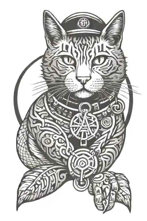 darkness and anarchist cat punk, ring in ear, mapuche symbols representing tattoo design idea