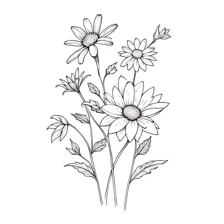 daisy, sweet pea, waterlily, larkspur flowers intertwined tattoo design idea