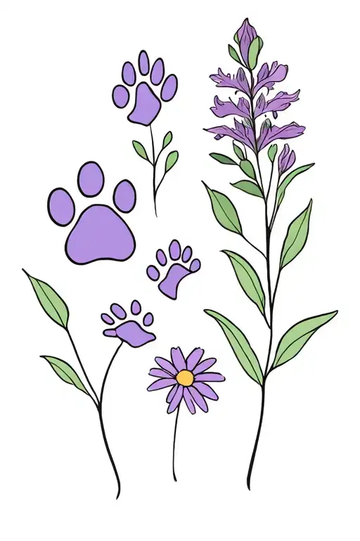 3 dog paws 2 big ones 1 little With flowers A violet , daisy and gladiolus  tattoo design idea