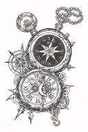 a broken clock and a broken compass connected by a chain tattoo design idea