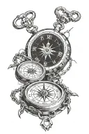 a broken clock and a broken compass connected by a chain tattoo design idea