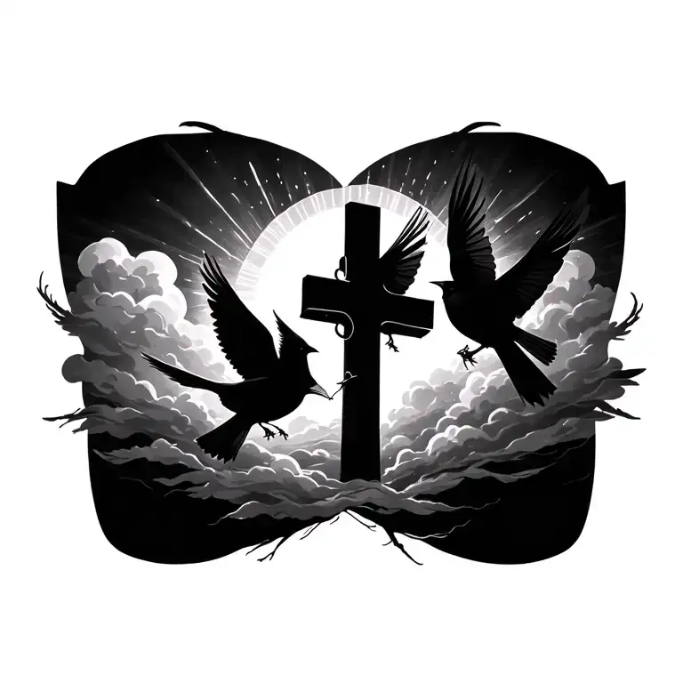 2 cardinals flying around a cross with sun rays coming through clouds tattoo design idea