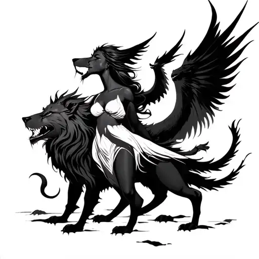 pronounced phoenix, shadows of lion, dragon and wolf rising from woman form tattoo design idea