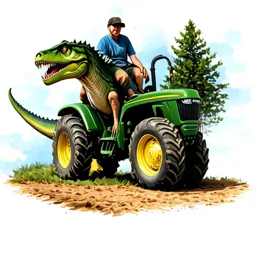 tranosaurus rex riding a John deer tractor  tattoo design idea
