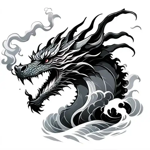 black and white dragon smoking with waves on the background for tattoo tattoo design idea