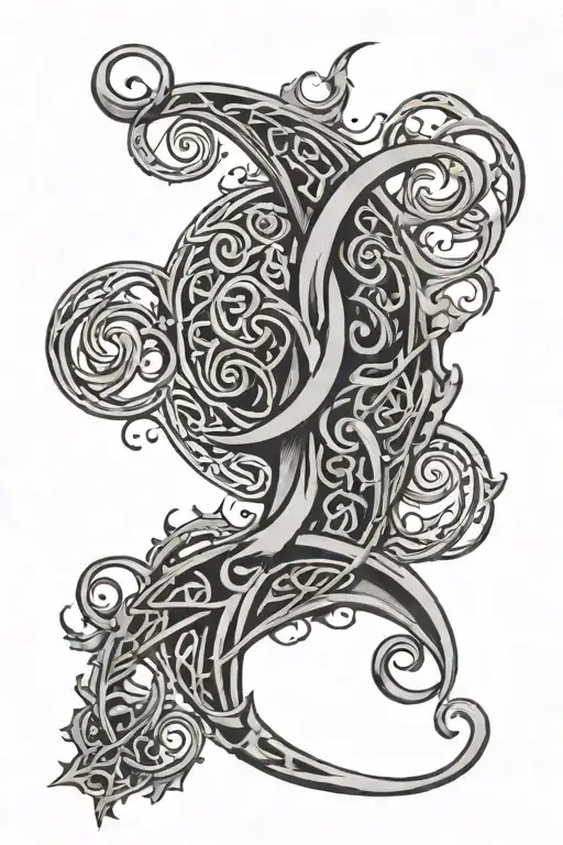 celtic runes, smoke swirling, crescent moon tattoo design idea