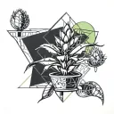 A geometric blackwork tattoo of a tequila agave plant with abstract lime slices floating around it tattoo design idea
