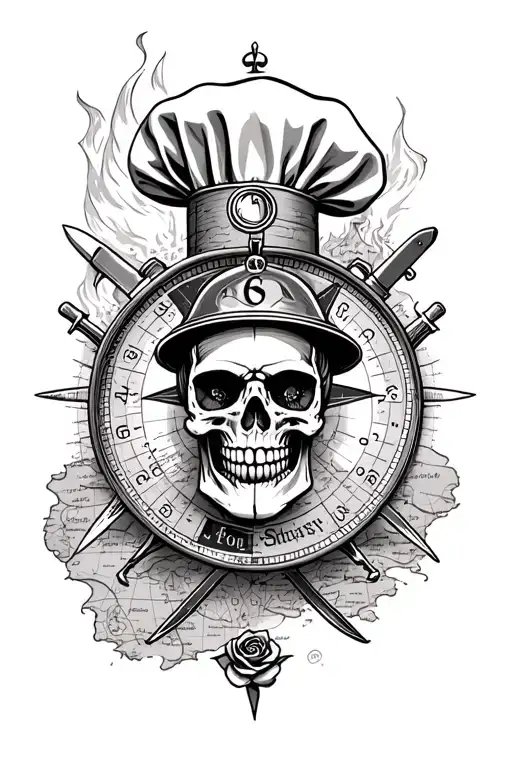 Compass, luminous tower, treasure map, skull with a chef's hat and cookingknifes, fire brigade rose tattoo design idea