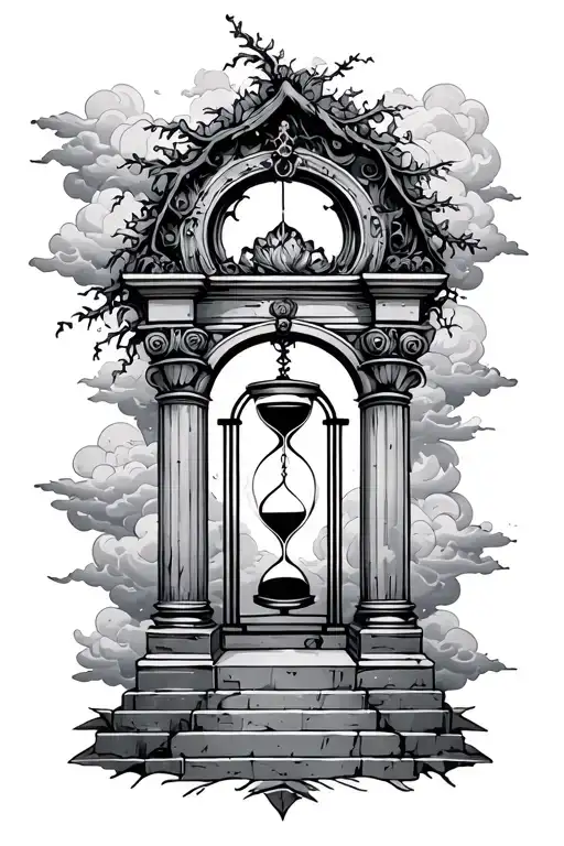 Ancient gates with vines and hourglass hanging from pillar heavenly clouds background tattoo design idea
