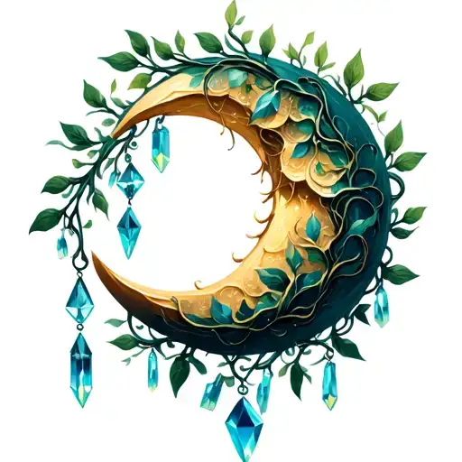 crescent moon with vines wrapped and crystals hanging tattoo design idea