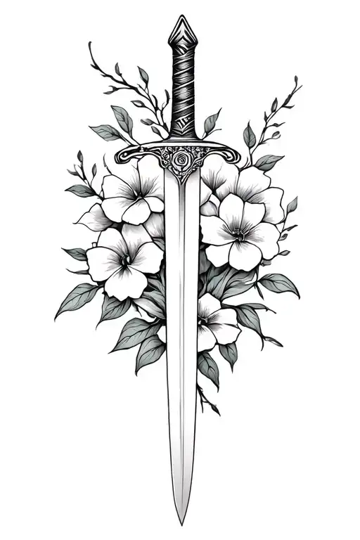 sword and flowers tattoo design idea