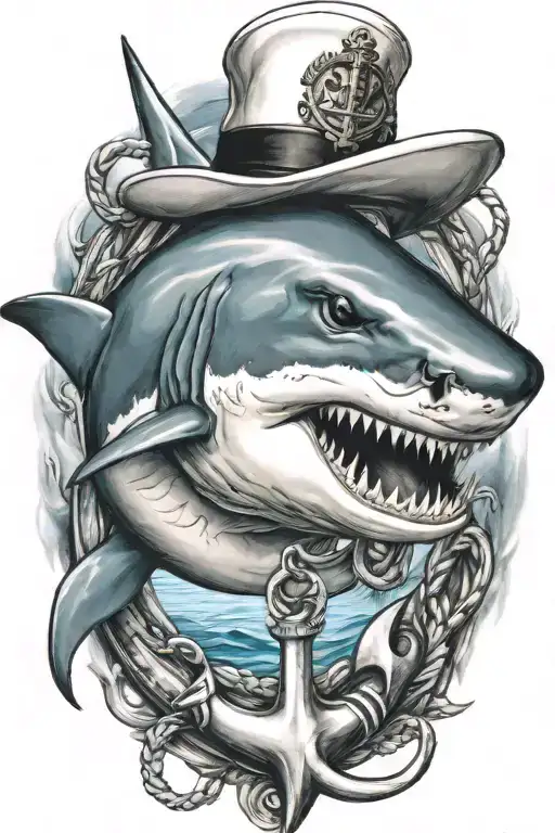shark biting an anchor wearing a sailor hat tattoo design idea