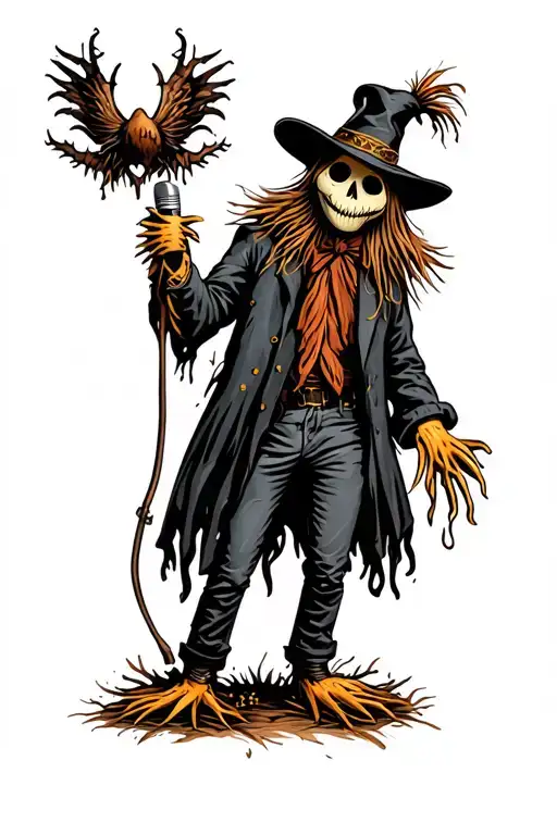 A gothic scarecrow with microphone tattoo design idea