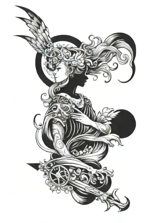 A celestial scene with spiritual and youth empowerment motifs tattoo design idea