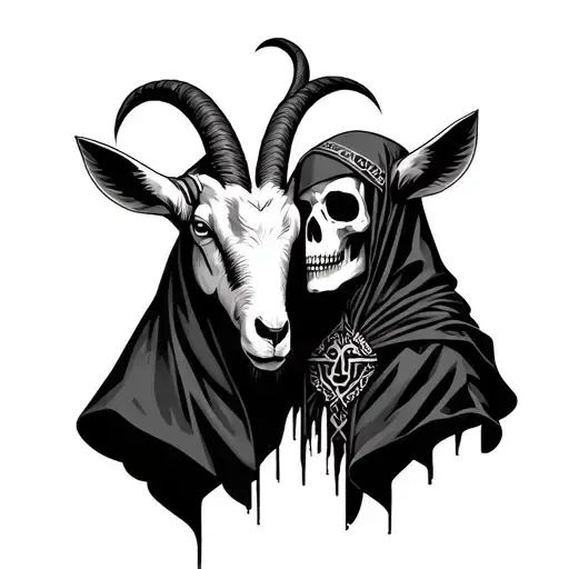 Two elements: a goat's head and death in a cloak, facing each other tattoo design idea