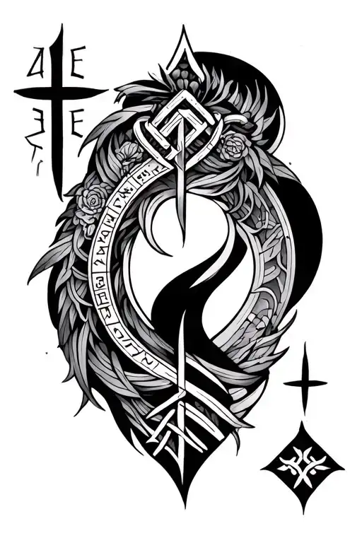 Airy black & grey tattoo sleeve with a mix of Viking (Elder Futhark runes, Vegvísir, Yggdrasil) and Japanese (cherry blo tattoo design idea