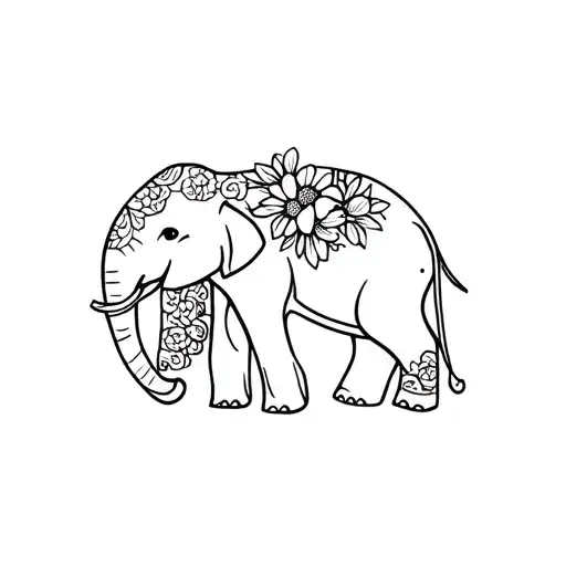 elephant with birth flowers for January, June, and August tattoo design idea