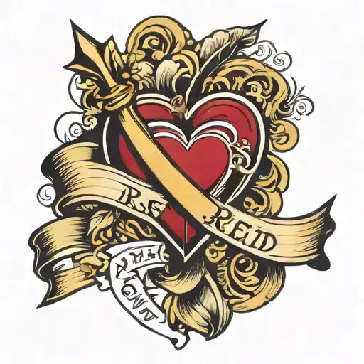 A deep red heart with a golden arrow through it. A flowing banner acroos the heart with the name Reg on it tattoo design idea