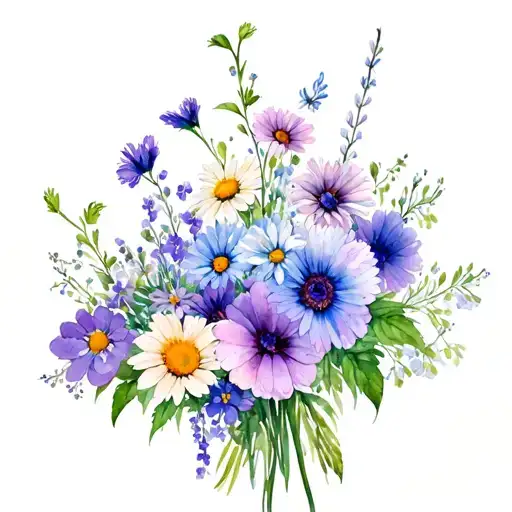 bouquet with Daisies, Sweet Peas, Aster, Morning Glory, Chrysanthemum Violets & Primrose lily of the valley and hawthorn tattoo design idea