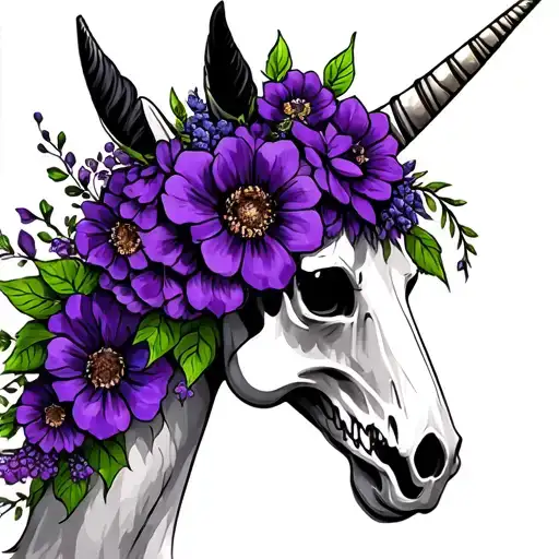 unicorn skull with purple flowers  tattoo design idea