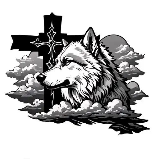 lone wolf and clouds and a cross tattoo tattoo design idea