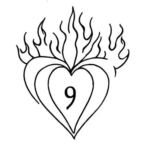 heart with flames above with a number 9 inside tattoo design idea