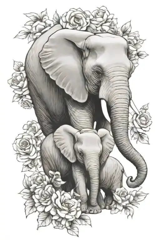 mama elephant we with baby elephant with flowers no shading  tattoo design idea