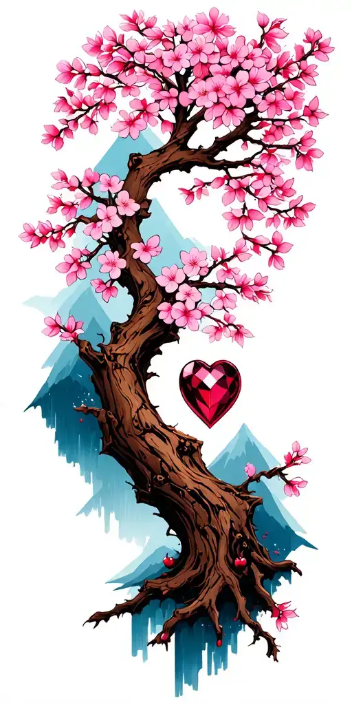 cherry blossom tree, ruby, heart, mountain tattoo design idea