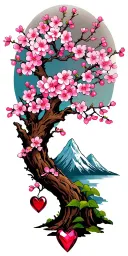 cherry blossom tree, ruby, heart, mountain tattoo design idea