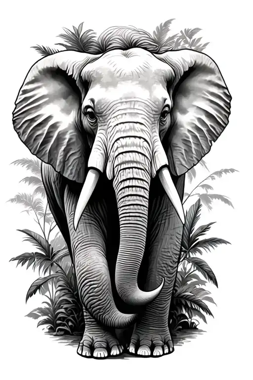 elephant in jungle tattoo, aggresive, plane flying over tattoo design idea