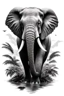 elephant in jungle tattoo, aggresive, plane flying over tattoo design idea