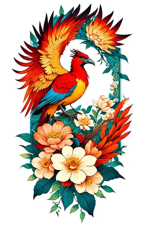 phoenix in bed of westeria flowers intertwined tattoo design idea