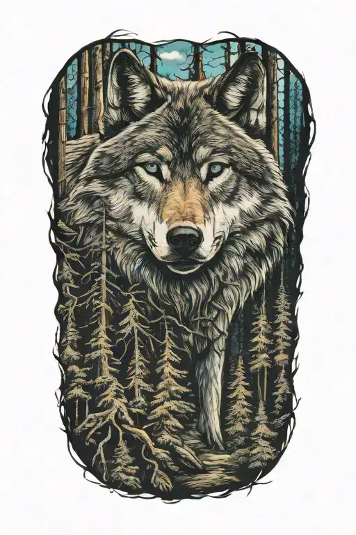 wolf blue eyes howling forest landscape tattoo design idea
