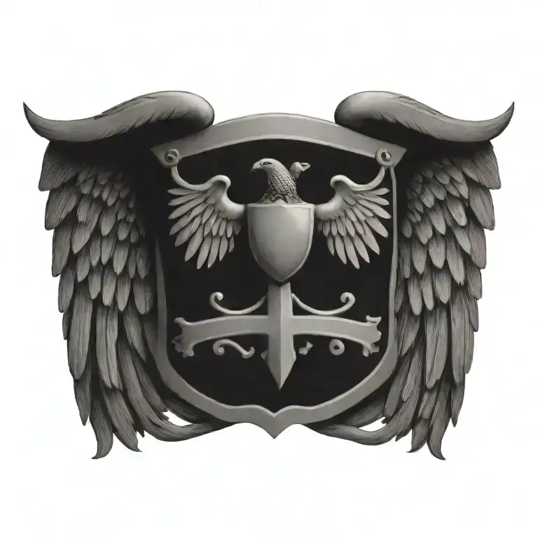 Coat of arms with pair wing of dove and cross in the shield, helm templar tattoo design idea