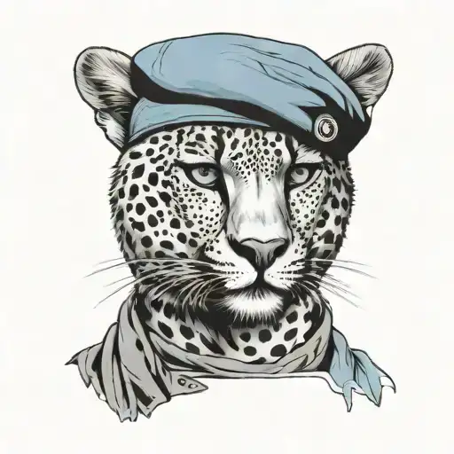 the face of a soldier in a blue beret and a black balaclava is half that of a cheetah tattoo design idea