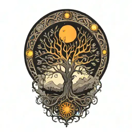 tree of life and sun and moon tattoo design idea